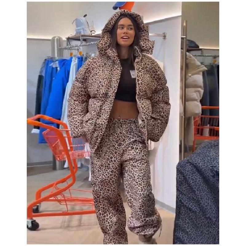 Womens 2-Piece Leopard Print Puffer Set Hooded Short Coat Wide Leg Pants Winter Streetwear
