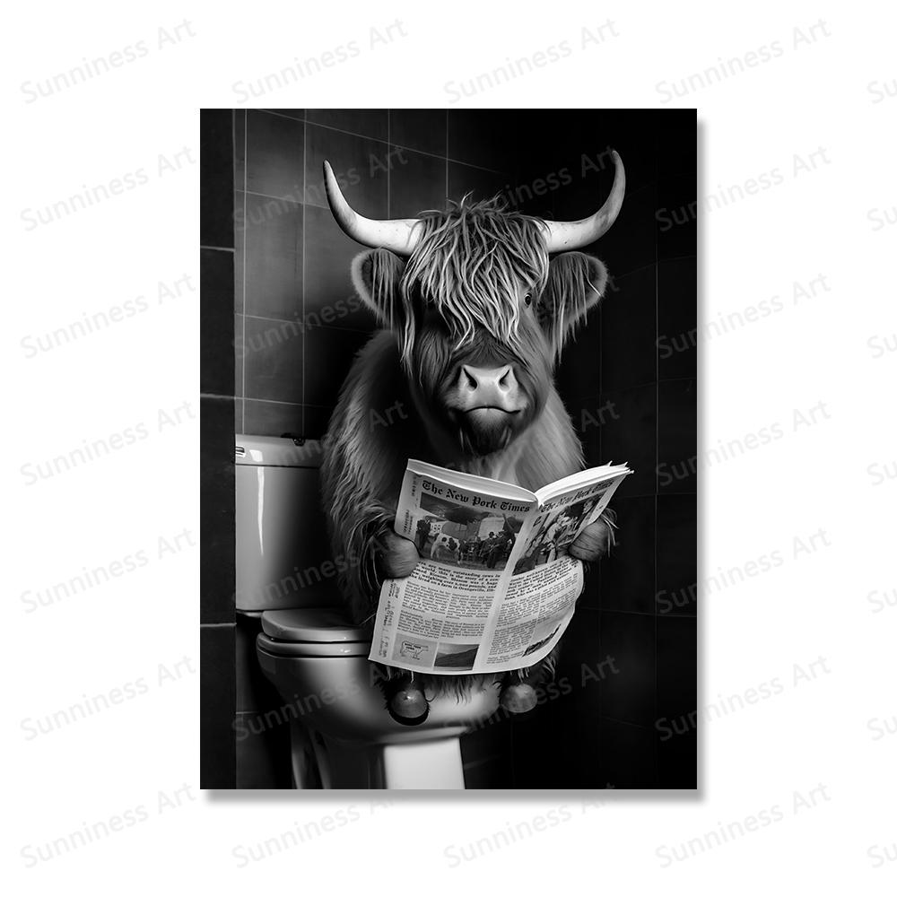 Забавные часы с шотландской коровой, газета в туалете, холсты, фермерский настенный арт, постер для спальни, гостиной, ванной комнаты, домашний декор