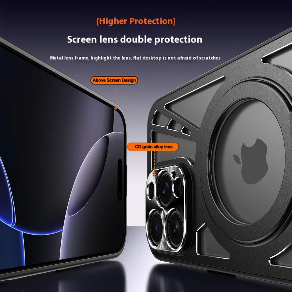 Чехол для iPhone 15 Pro Магнитная подставка Полая теплоотводящая Силикон+ПК+Металлический бампер Чехол для телефона