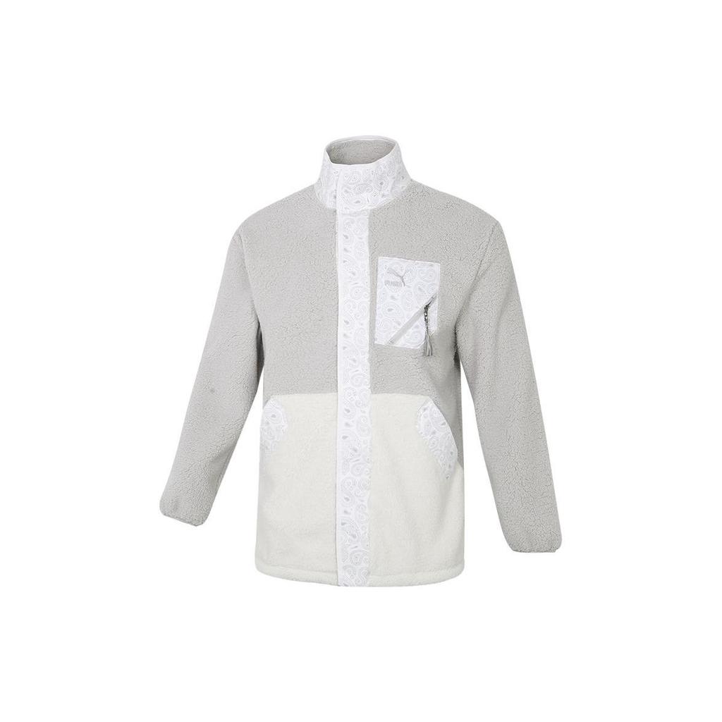 Puma Paisley Cashew Print Pocket Patch Faux Shearling Fleece-Lined Collar Logo Jacket Men Outerwear Light-Grey 534984-09
