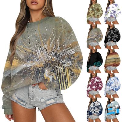 Женская повседневная мода ретро цветочный принт длинный рукав трикотажный спортивный топ свободного кроя