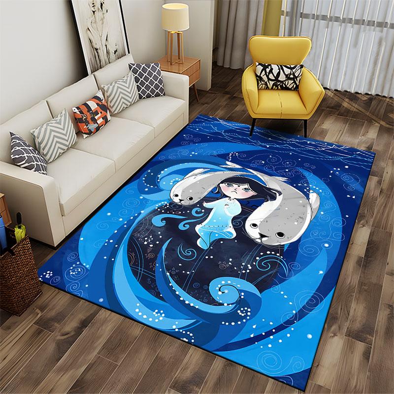 "Girl and Seals with Ocean Waves" suitable as a non-slip mat for the living room or bedroom sofa