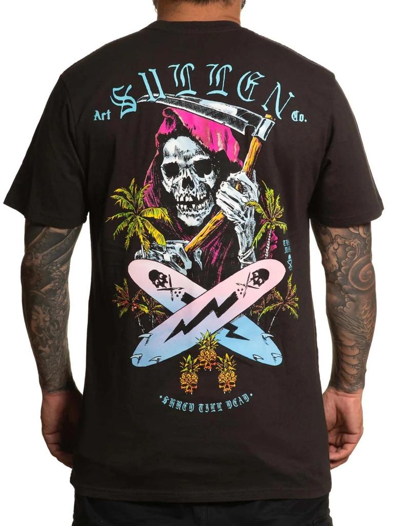 Sullen Men's Surf or Die Short Sleeve Premium Tshirt Tattoo Skeleton Surfing Tee