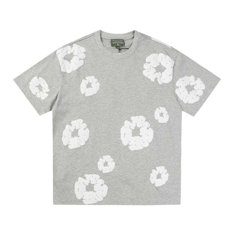 Cotton Short Sleeve T-Shirt With 3D Puff Floral Print Unisex Loose Fit Streetwear Tee