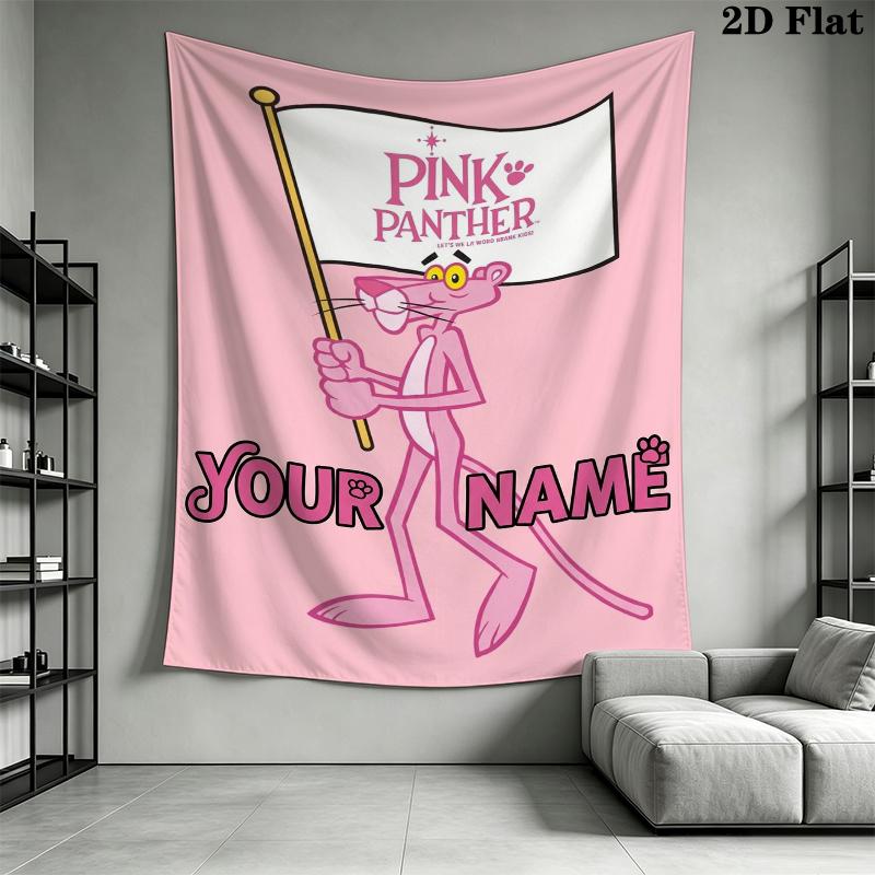 Custom Name Pink Panther Wall Tapestry Aesthetic Wall Hanging Printed Fabric Blanket Decorative Tapestries for Bedroom Living Room Home Decor
