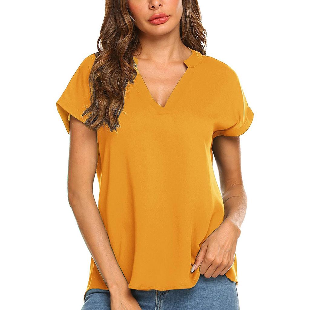 Модная женская летняя футболка с коротким рукавом и v-образным вырезом, шифоновая блузка, однотонная
