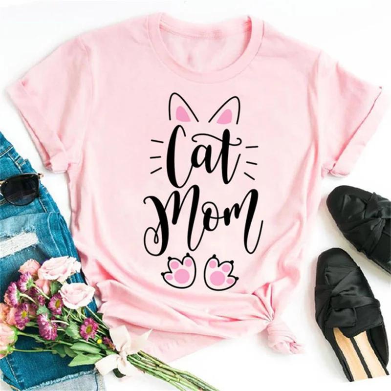Майка Maycaur с милой лапкой для женщин, модная женская футболка с принтом 'Cat MOM', топ в стиле Харадзюку, панк, с круглым вырезом, черная футболка T, женская футболка