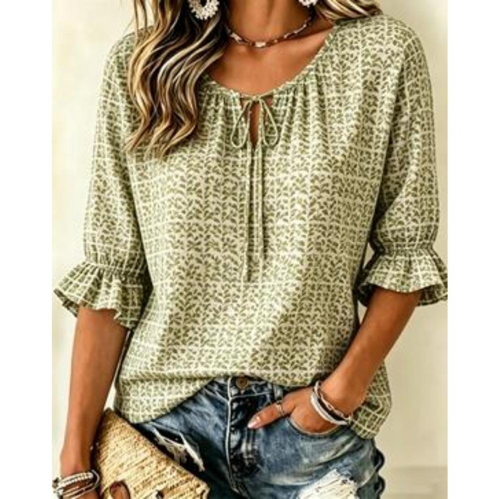 Women's Tribal Geometric Triangle Print Tie Neck Blouse, Ruffle Half Sleeve Top for Boho Earthy