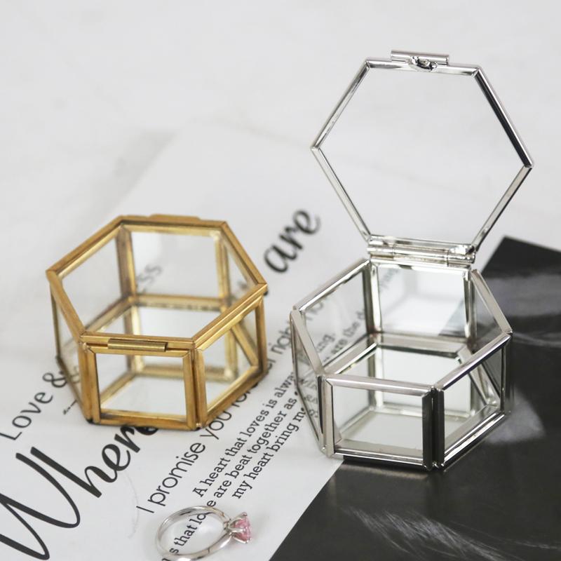 2021 Metal Small Glass Silver Trilateral Jewelry Boxes Transparent Trinket Organizer With Golden Edge and Lid