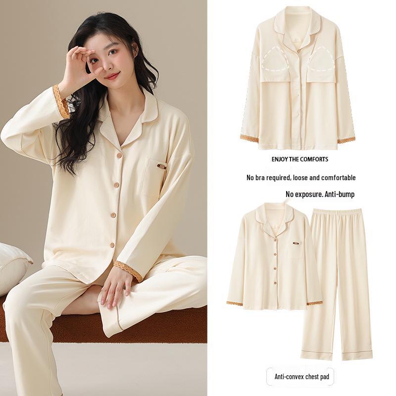 Женский хлопковый кардиган, комплект из двух предметов с нагрудными вкладышами: Сладкая и Повседневная Домашняя Одежда с Длинным Рукавом для Весны и Осени