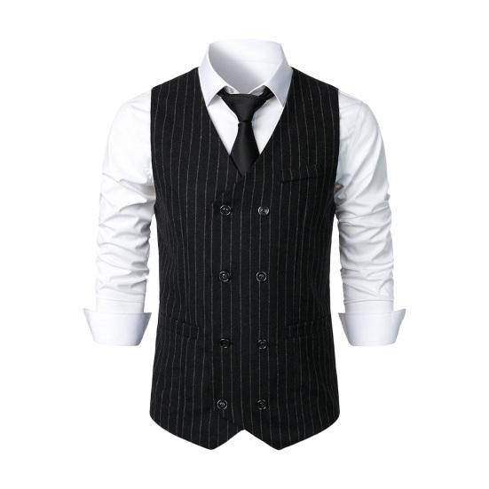 Men Suit Waistcoat V-Neck Sleeveless Striped Print Double Breasted Suit Vest with Patch Pockets Wedding Business Vest