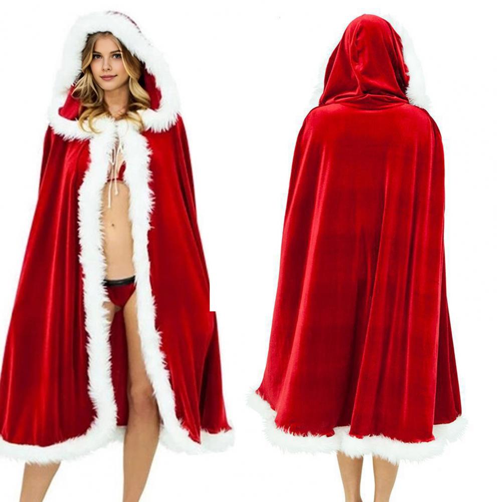 Women Christmas Cloak Fluffy Edge Color Matching Hooded Santa Cosplay New Year Party Performance Costume Festive Poncho