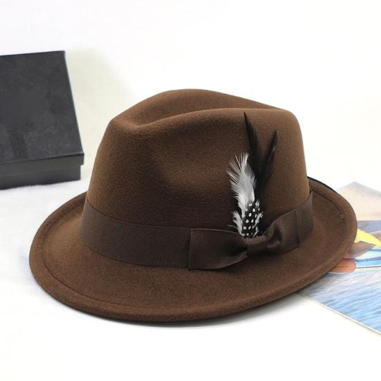 Men Fedora Hat Feather And Bow Decor Vintage Short Brim Felt Hat Solid Color Women Panama Hat 1920s Floppy Hat for All-Day Wear