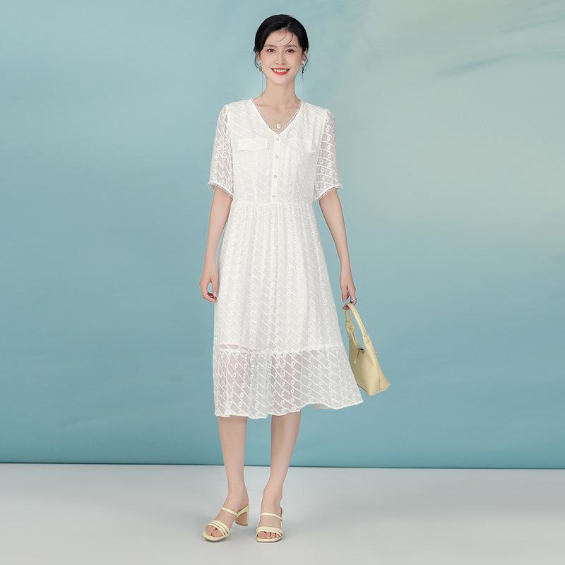 [Diagonal Embroidery] V-neck Solid Color Summer Fungus Edge Mulberry Silk Medium Long Style Temperament Women's Dress