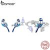 BAMOER 925 Sterling Silver Blue Bird Open Ring and Stud Earrings Colored Enamel Process Zircon Jewerly Set for Women Gift