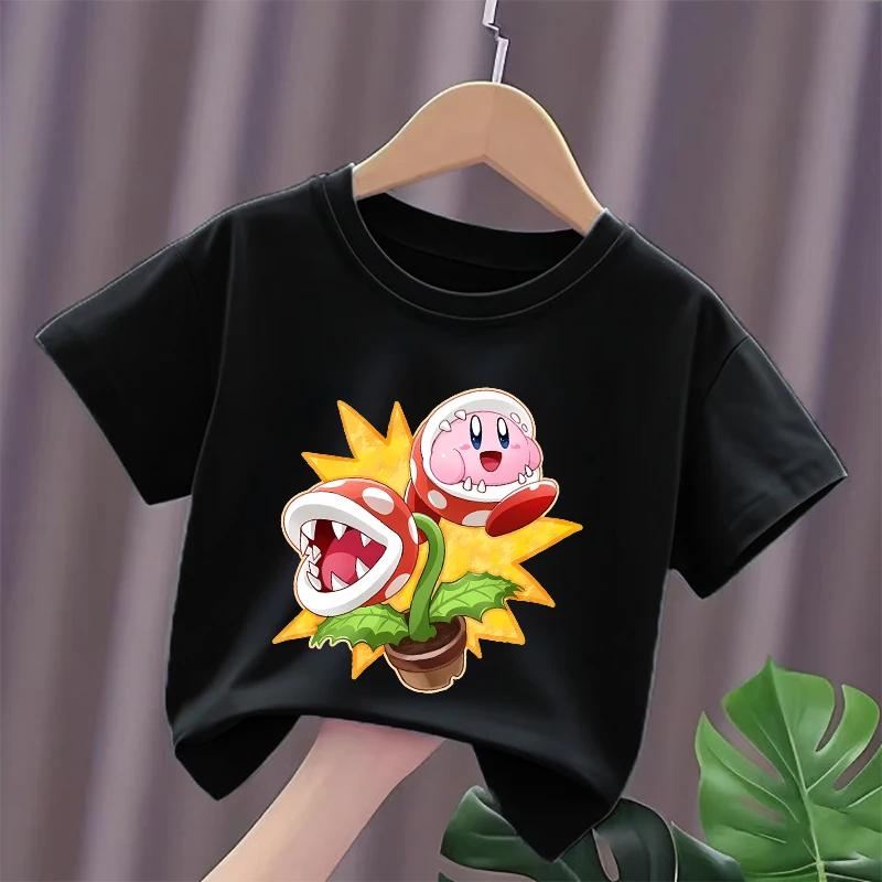 Kirbys Shirt Summer O-neck Round T-shirt Baby Cotton Short-Sleeve Tops Girl Solid Color Kid Printed Anime White Tshirt Cute Tees