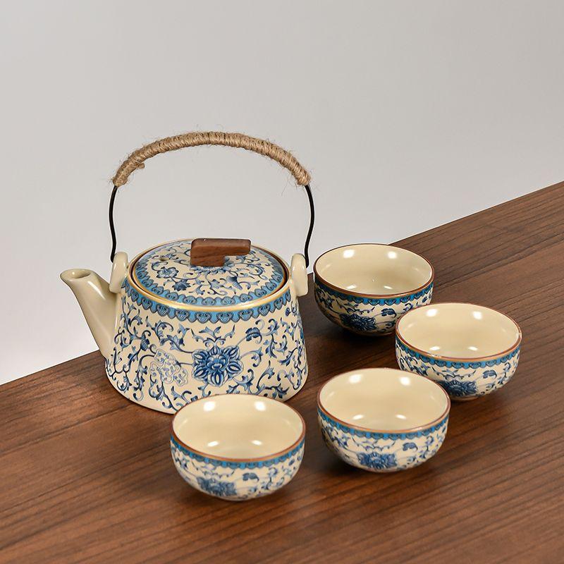 Chinese Ru Kiln Blue and White Teapot Home Vintage Handmade Ceramic Handle Pot Kung Fu Tea Set Tea Infuser