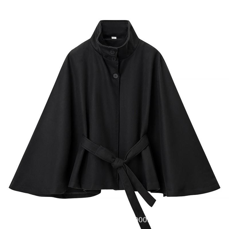 Womens Winter Loose Wool Blend Coat With Belt Stand Collar 3-Button Cape Style Outerwear