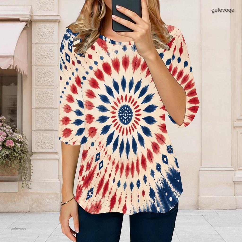 Women Plus Size Round Neck 3 4 Sleeve Starry Sky Print Navy T Shirt Curved Hem
