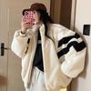 Winter Women's Coat Color Blocking Plush Loose Lapel Thickened Warm  Clothes Tops