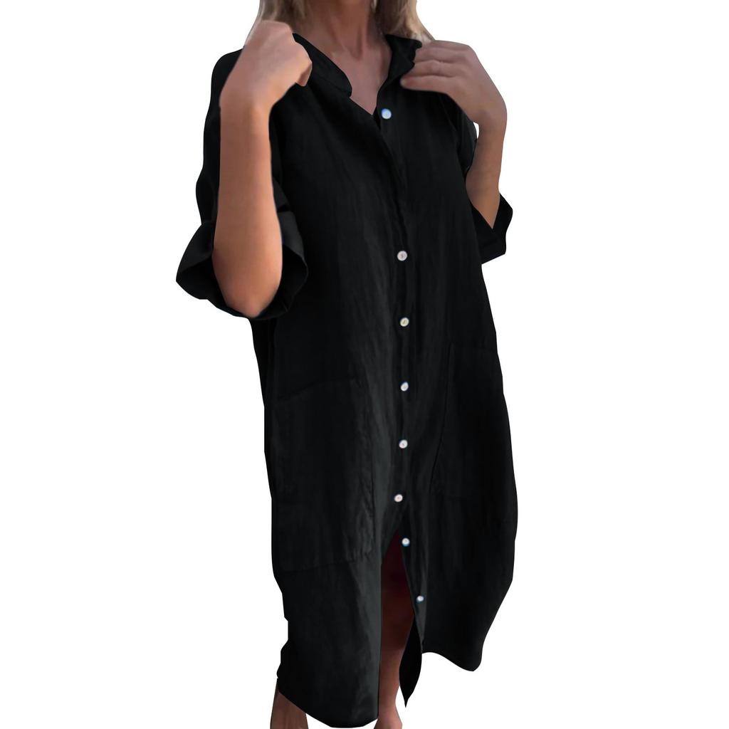 Women's Fashion Casual Button Cardigan Cotton And Linen Color Dress With Pockets