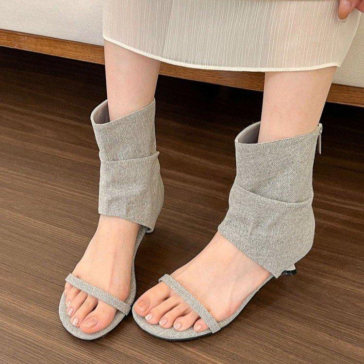 2025 New French Niche Trousers Boots High Heel Cool Boots Women's Summer Stiletto Sandals Medium Heel Roman Women's Shoes