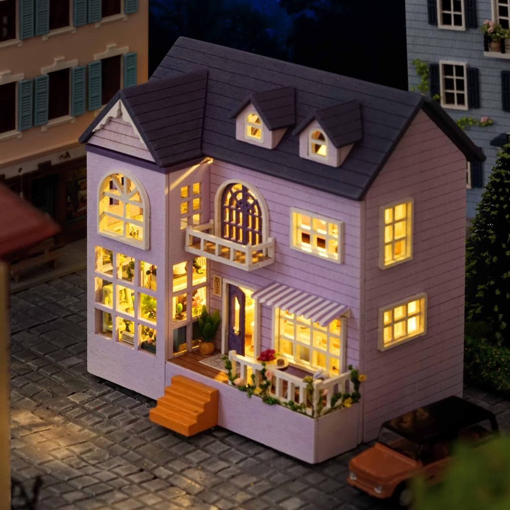 CUTEROOM Деревянный кукольный домик Набор Сделай сам Миниатюрный дом Легко собрать для детей Набор ручной работы со светодиодной подсветкой (D032)