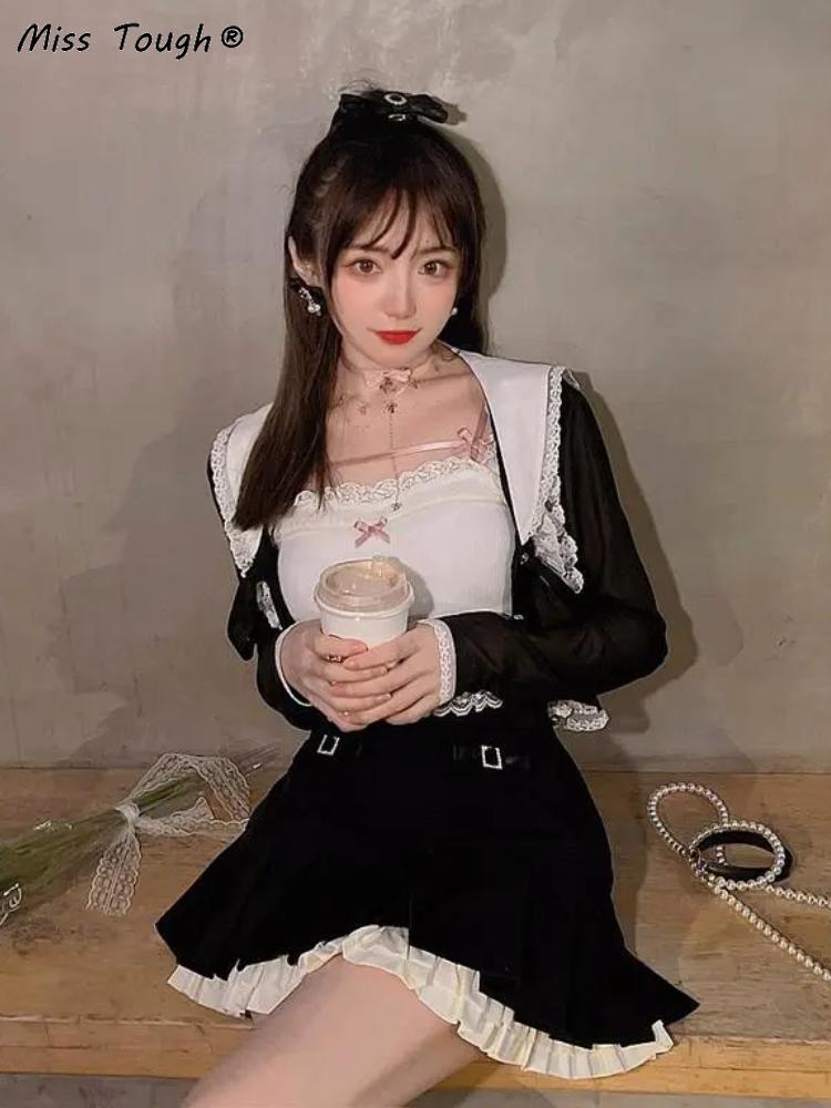 Розовый японский укороченный топ в стиле Лолита в стиле каваи, женский белый корейский милый топ на бретельках в студенческом стиле с бантом и кружевом, французская принцесса Vset, женский 2023