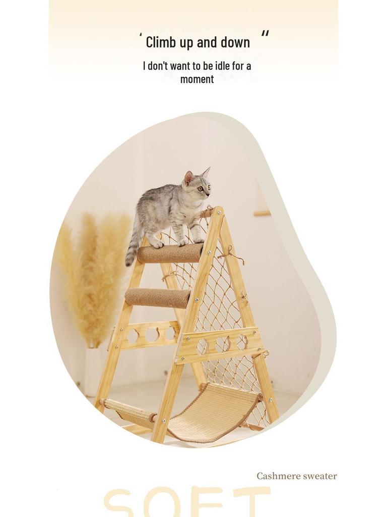 Solid Wood Cat Climbing Frame with Sisal Scratching Board & Hammock - Wear-Resistant, Non-Chipping Design.