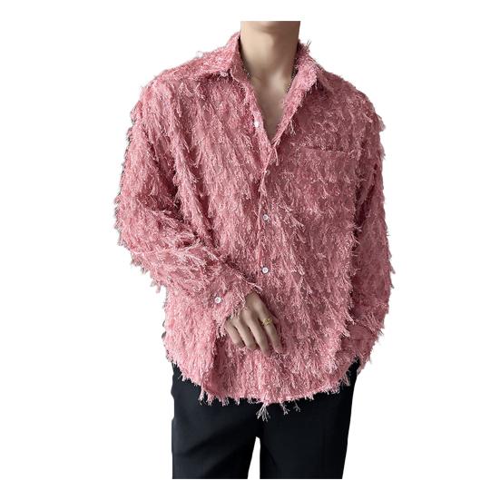 Мужская рубашка с нагрудным карманом и кисточками, отложным воротником, однобортная, с длинными рукавами, однотонная