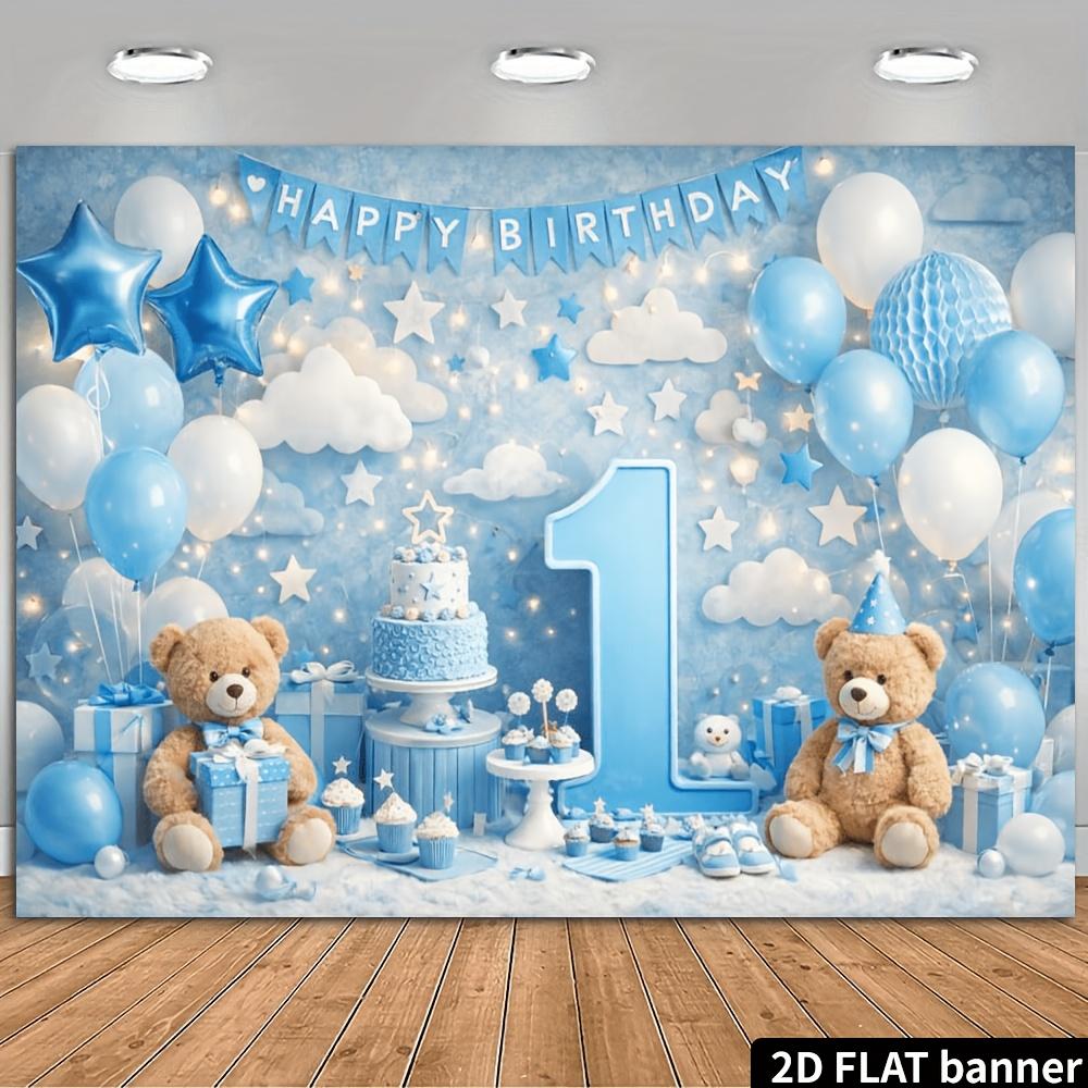 2D Plane Double Baby Bears Blue and White 1st Birthday Background Cloth - Double Baby Bear Doll Design