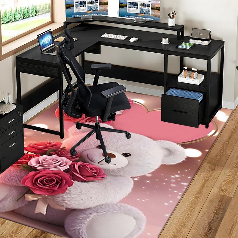 1pc Teddy Bear with Pink Roses Chair Mat - Anime Cartoon Design, Valentine's Day Gift, Non-Slip Carpet for Office Chair, Suitable for Home Decor, Livi