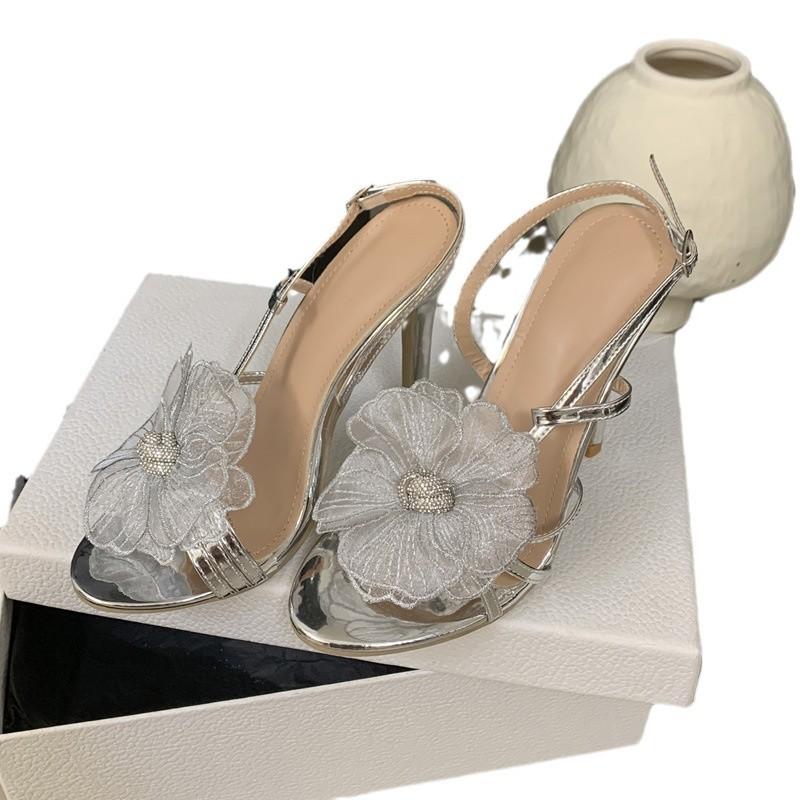 Модные Роскошные Дизайнерские Кружевные Цветочные Туфли-лодочки со Стразами для Женщин Летние Новые с Круглым Носком Открытым Носком Ремешком на Пряжке Сзади Сандалии