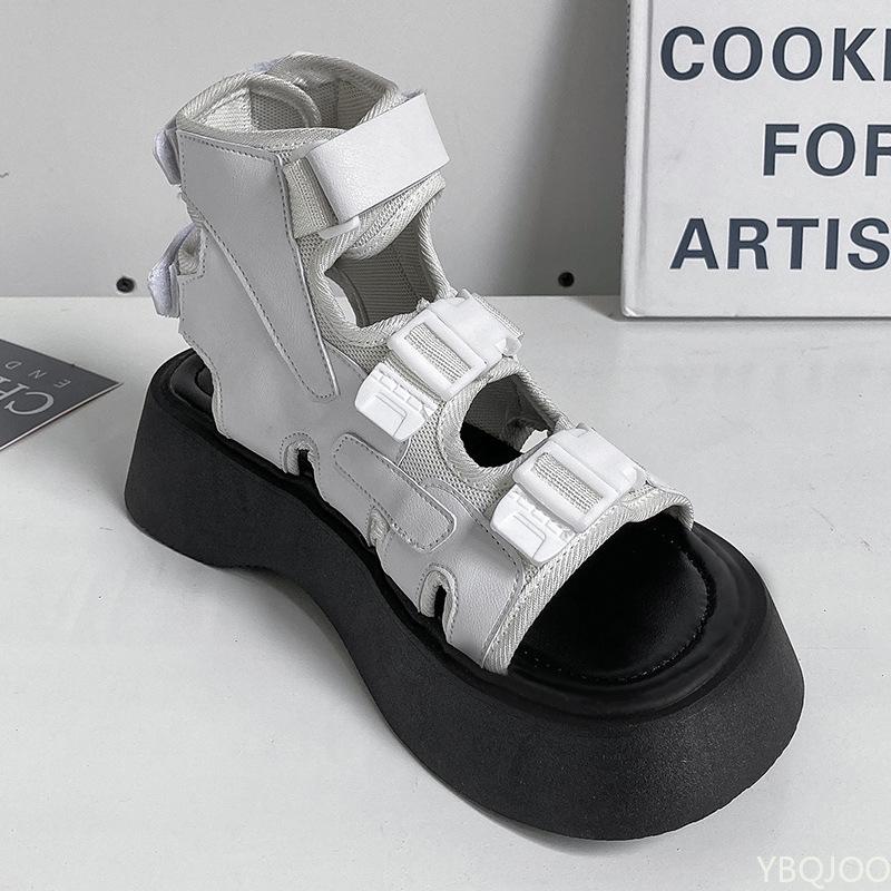 Женские новые туфли-муффины на толстой подошве, лето 2024, студенческие туфли на 2 танкетках, женские туфли с открытым носком, сандалии на крючках и петлях