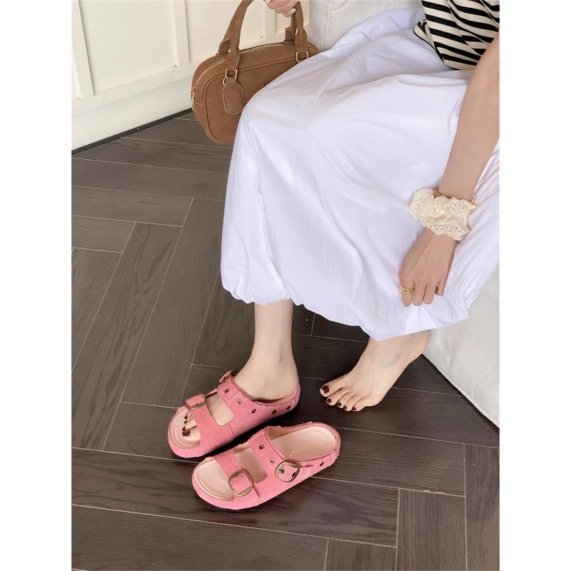 Thick-bottomed Heightening Boken Cool Slippers Women's Summer New Leather Flat-bottomed Casual Belt Buckle One-word Slippers