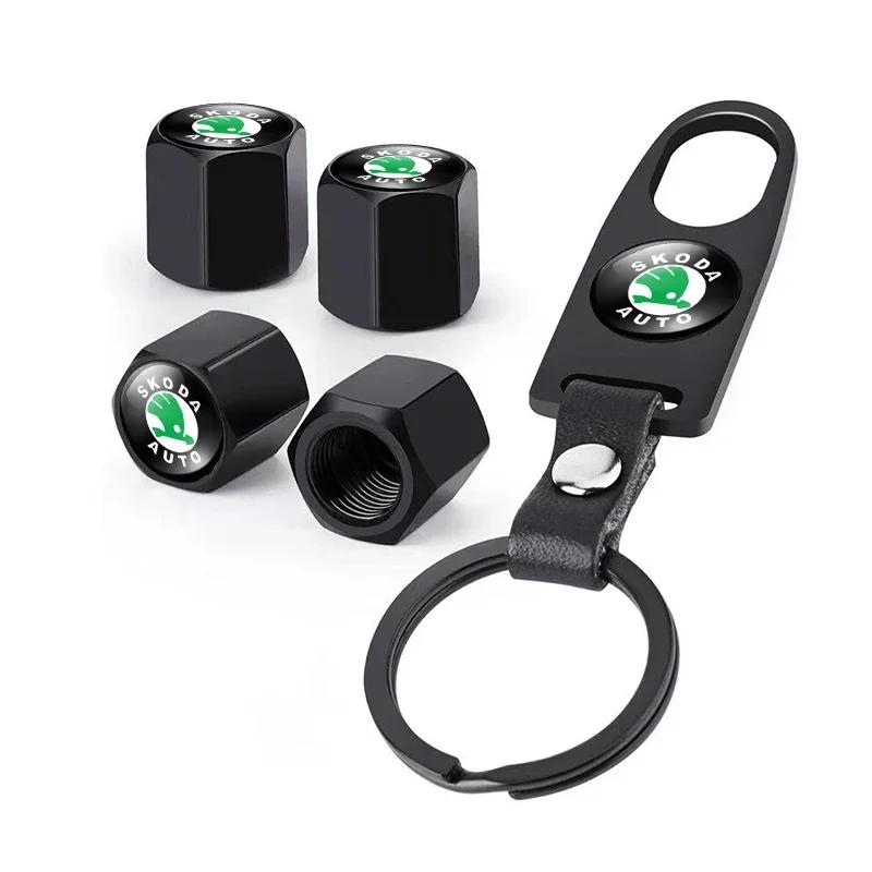Car Tire Wheel Valve Caps Cover + Suede Car Key Chain Ring Keychain For Skoda Octavia A5 A4 Mk1 Fabia Superb Rapid Accessories WL5