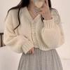 Сексуальный сладкий короткий вязаный кардиган, милый корейский свитер с рукавами-фонариками и v-образным вырезом для женщин, осенний простой укороченный розовый кардиган, пальто