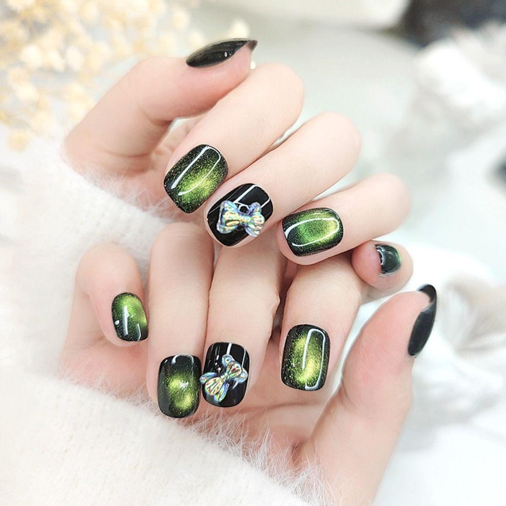 24PCS Cat Eye Press On Nails Short Artficial Nails Reusable Acrylic Nails  DIY Manicure Art