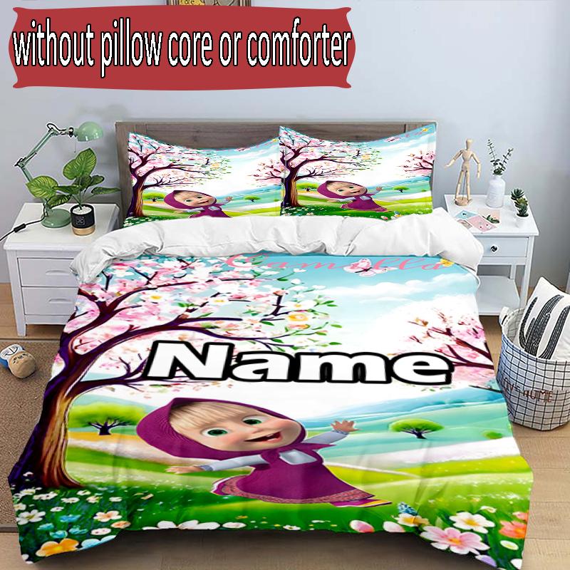 3pcs Duvet Cover Set (1*Duvet Cover + 2*Pillowcase, Without Core), Custom Name Masha and The Bear Pattern Bedding Set, Home Bedroom Decor Gift