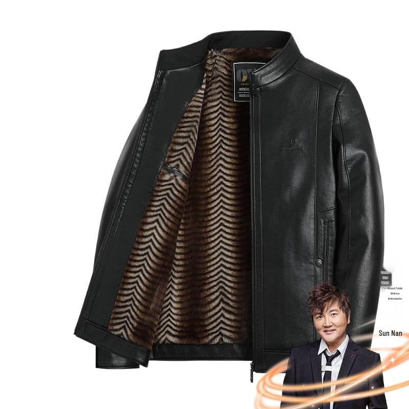 Мужская кожаная куртка Pierre Cardin 2025 с воротником-стойкой - Повседневная, Универсальная, Теплая, С подкладкой из бархата для мужчин среднего возраста