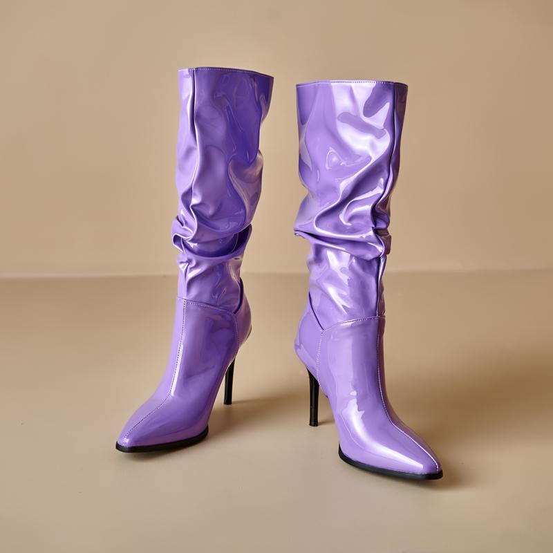 2024 Winter Slouch Boots for Women Shiny Patent Leather Mid Calf Heels Boots Stiletto Purple Green Rose Red Pleated Shoes