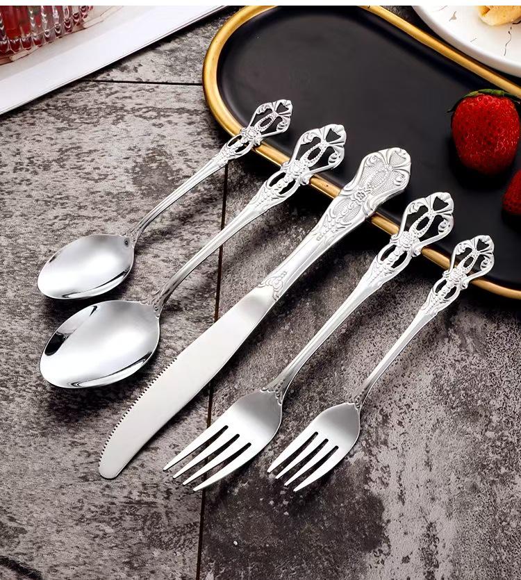 Набор столовых приборов Royal Court из 24 предметов из нержавеющей стали - Тисненые полые ножи для стейка, вилки и ложки