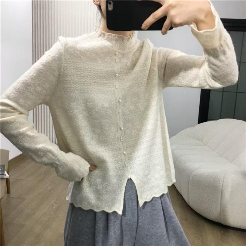 Women S Half Turtleneck Knit Sweater Lace Trim Casual Base Top