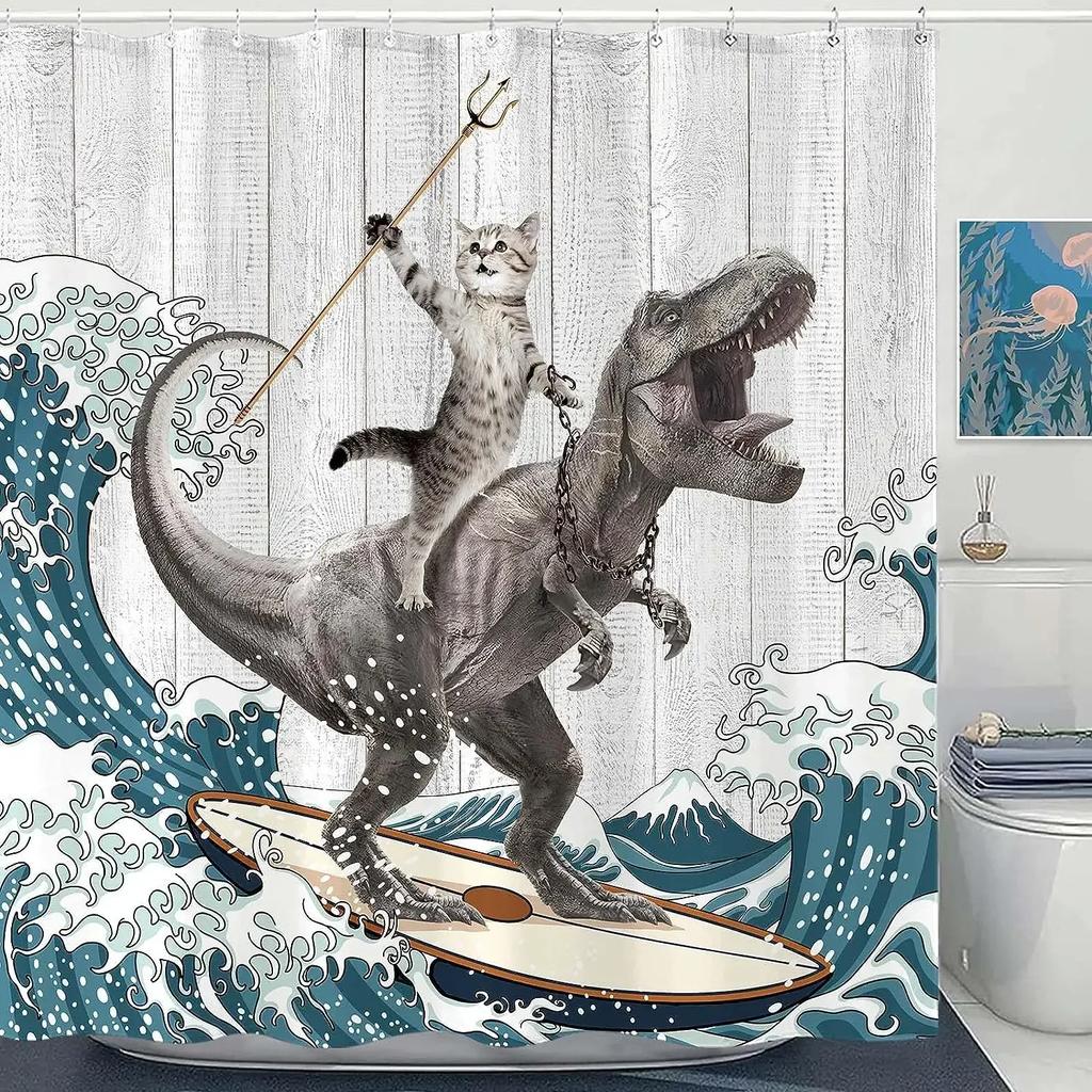 Смешная занавеска для душа Brave Cat Cartoon Душевая занавеска Waves Ocean Decor Ткань Душевая занавеска Set with Hooks Bathroom Decoration