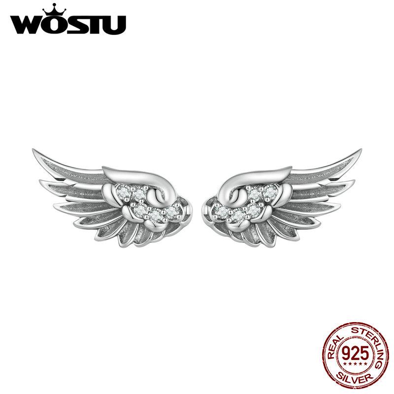 WOSTU 925 Sterling Silver Hip Hop Vintage Couples Creative Angel Wings Stud Earrings Women Punk CZ Studs Birthday Jewelry Gift
