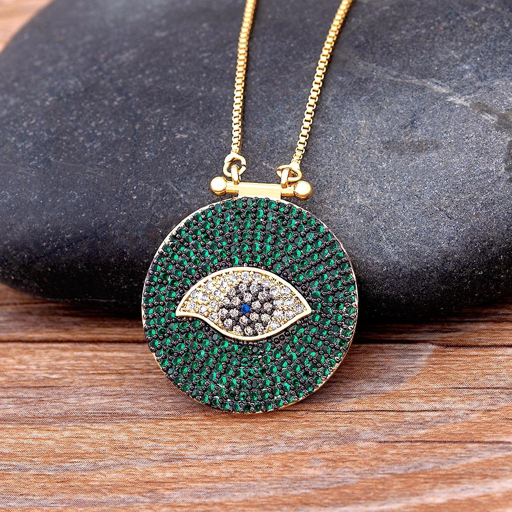 Classic Round Shape Cubic Zirconia Evil Eye Pendant Green/Purple Color Lucky Turkish CZ Necklace Copper Link Chain Jewelry Gift