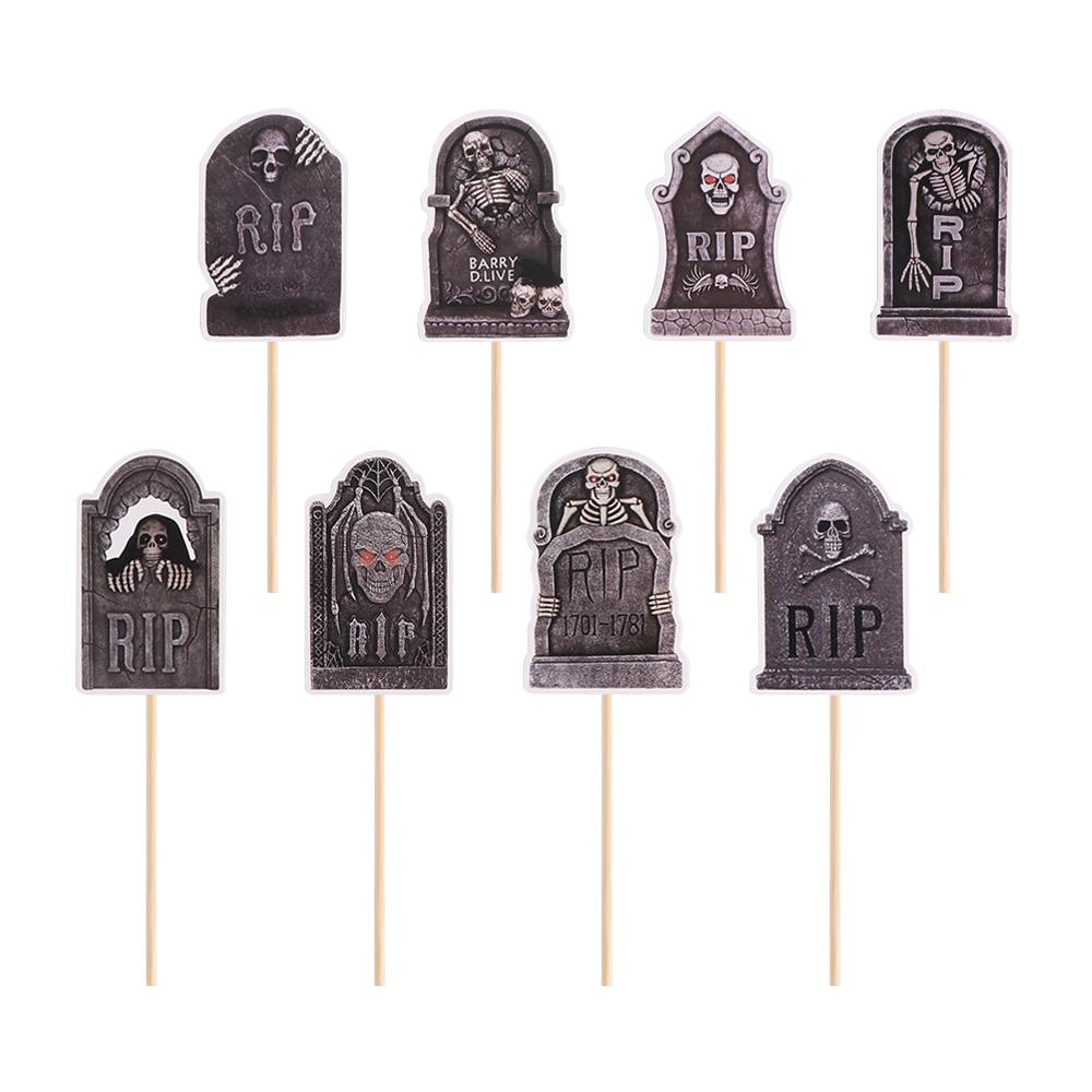 8pcs Paper Halloween Tombstone Cupcake Toppers Scary Cake Sign Graveyard Cake Picks Ghost Festival