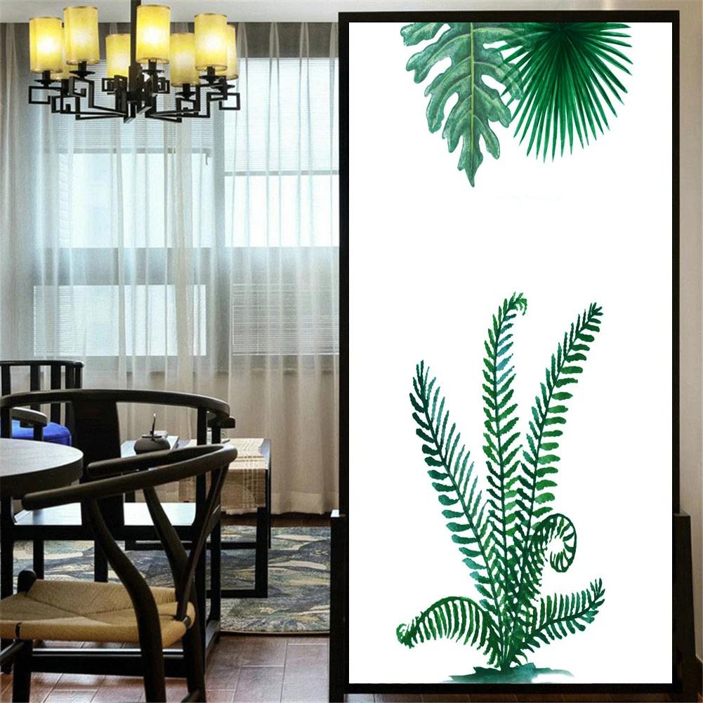Static Cling Privacy Windows Film Decorative Green Plants Leaves Stained Glass Window Stickers Frosted Window Cling Tint