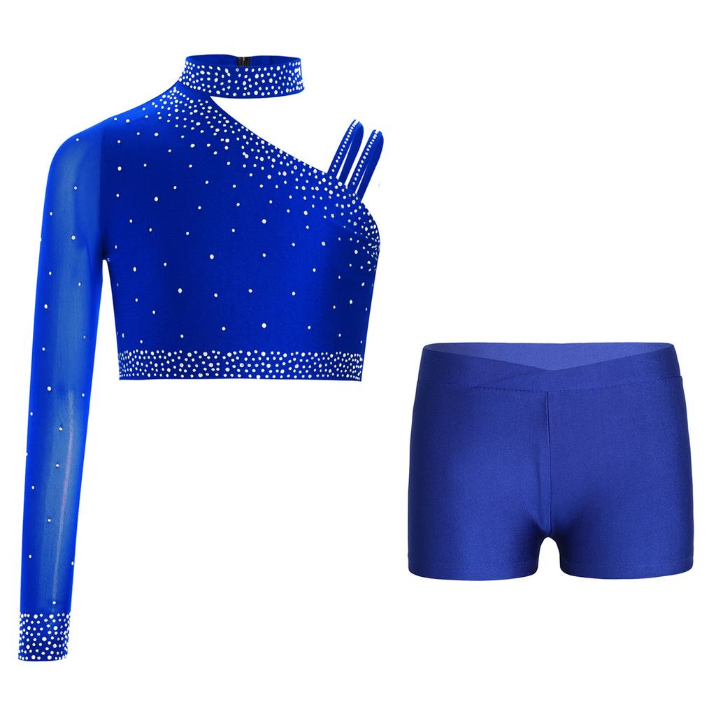 Топ для танцевальных выступлений для девочек, блестящий стразами, кроп-топ на одно плечо с асимметричным вырезом, V-образным вырезом спереди и поясом, шорты