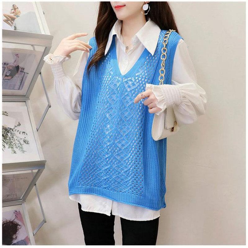 Осенний новый корейский жилет, женский вязаный полый свободный свитер